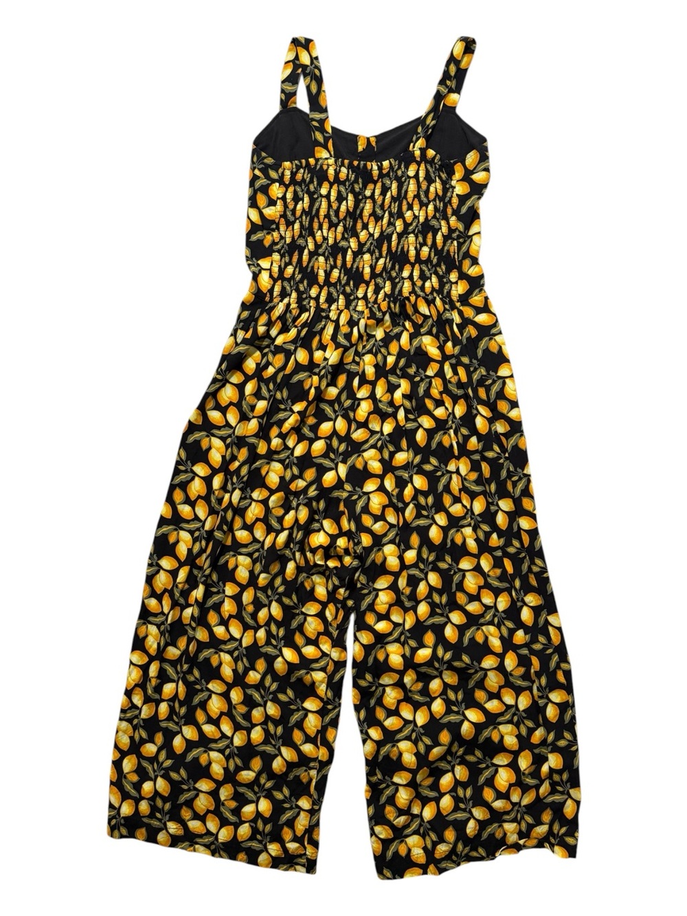 LOFT Lemon Print Jumpsuit Wide Leg Cropped Smocked Back Black Yellow Medium - Picture 4 of 7